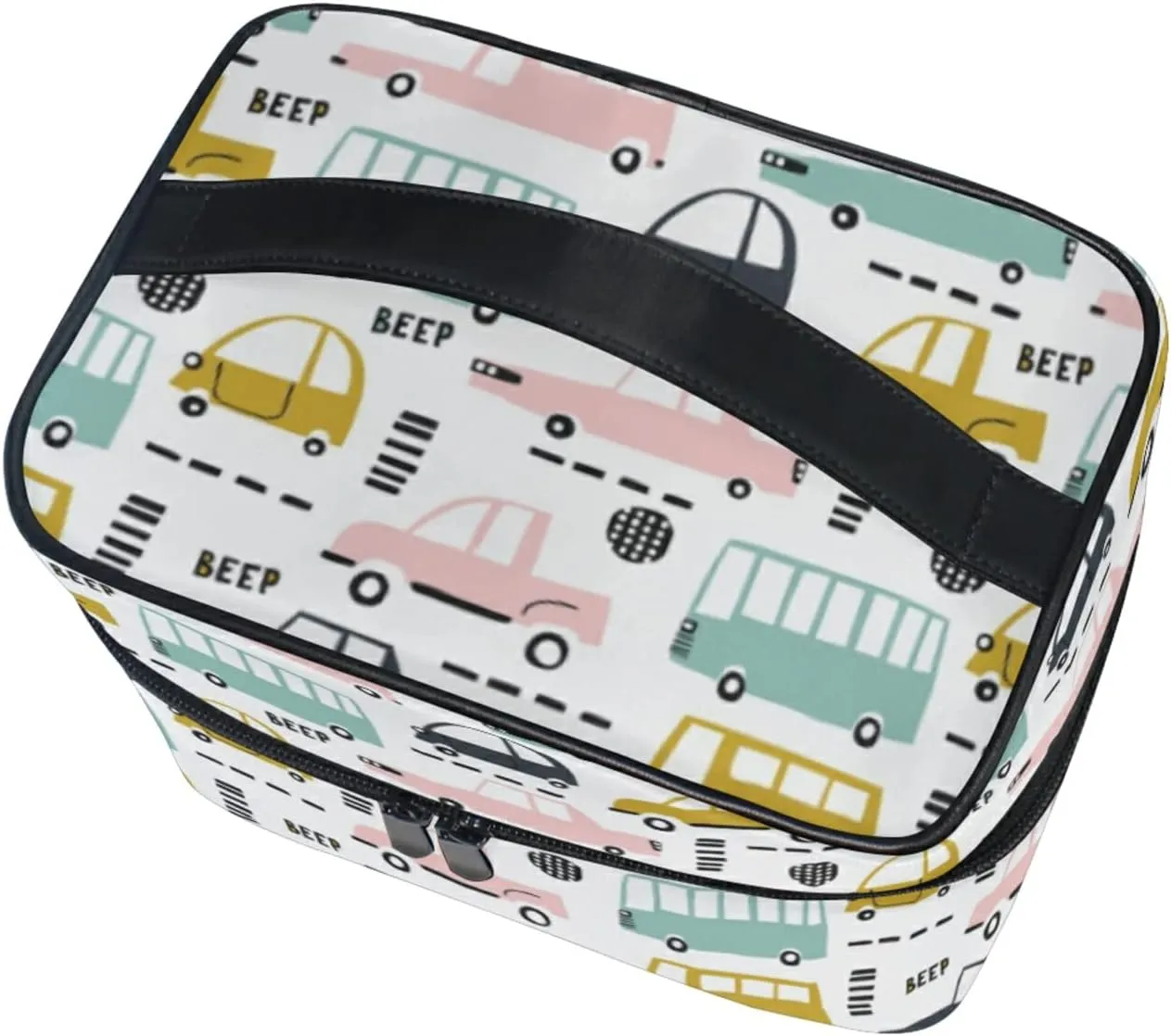 Seamless Cartoon Cars, Road Hatches, Zebra Crossing on White Beauty Cosmetic with Zipper Brush Portable Storage Bag, Fashion printing Toiletry, Durable Travel Organizer Tote Unisex Gifts