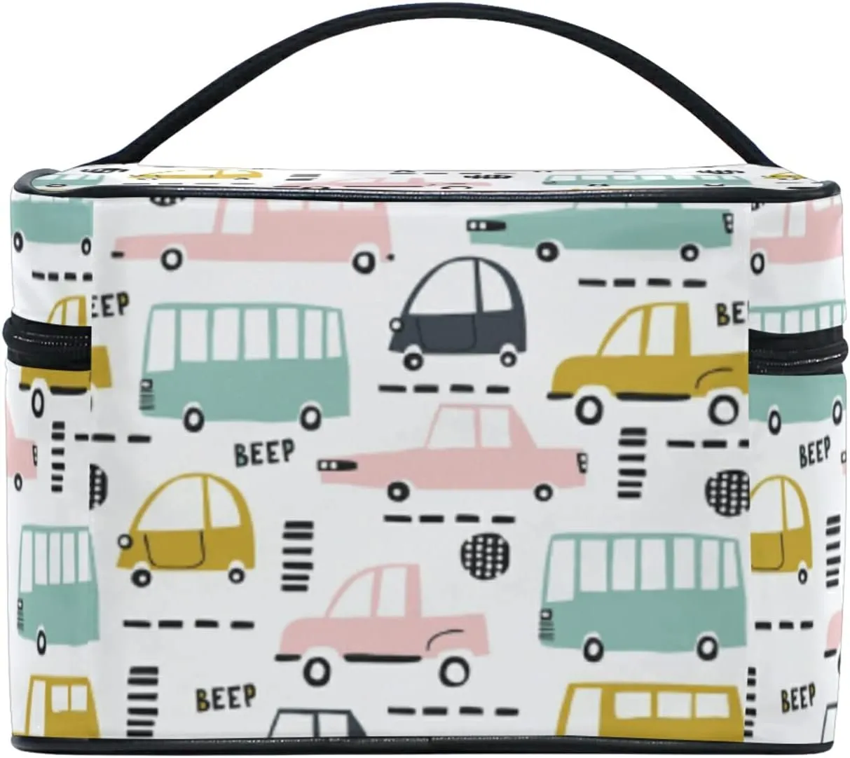 Seamless Cartoon Cars, Road Hatches, Zebra Crossing on White Beauty Cosmetic with Zipper Brush Portable Storage Bag, Fashion printing Toiletry, Durable Travel Organizer Tote Unisex Gifts