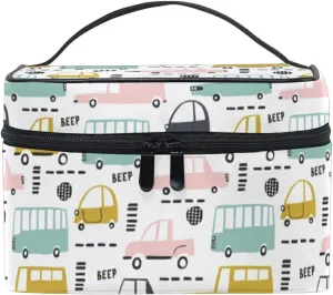 Seamless Cartoon Cars, Road Hatches, Zebra Crossing on White Beauty Cosmetic with Zipper Brush Portable Storage Bag, Fashion printing Toiletry, Durable Travel Organizer Tote Unisex Gifts
