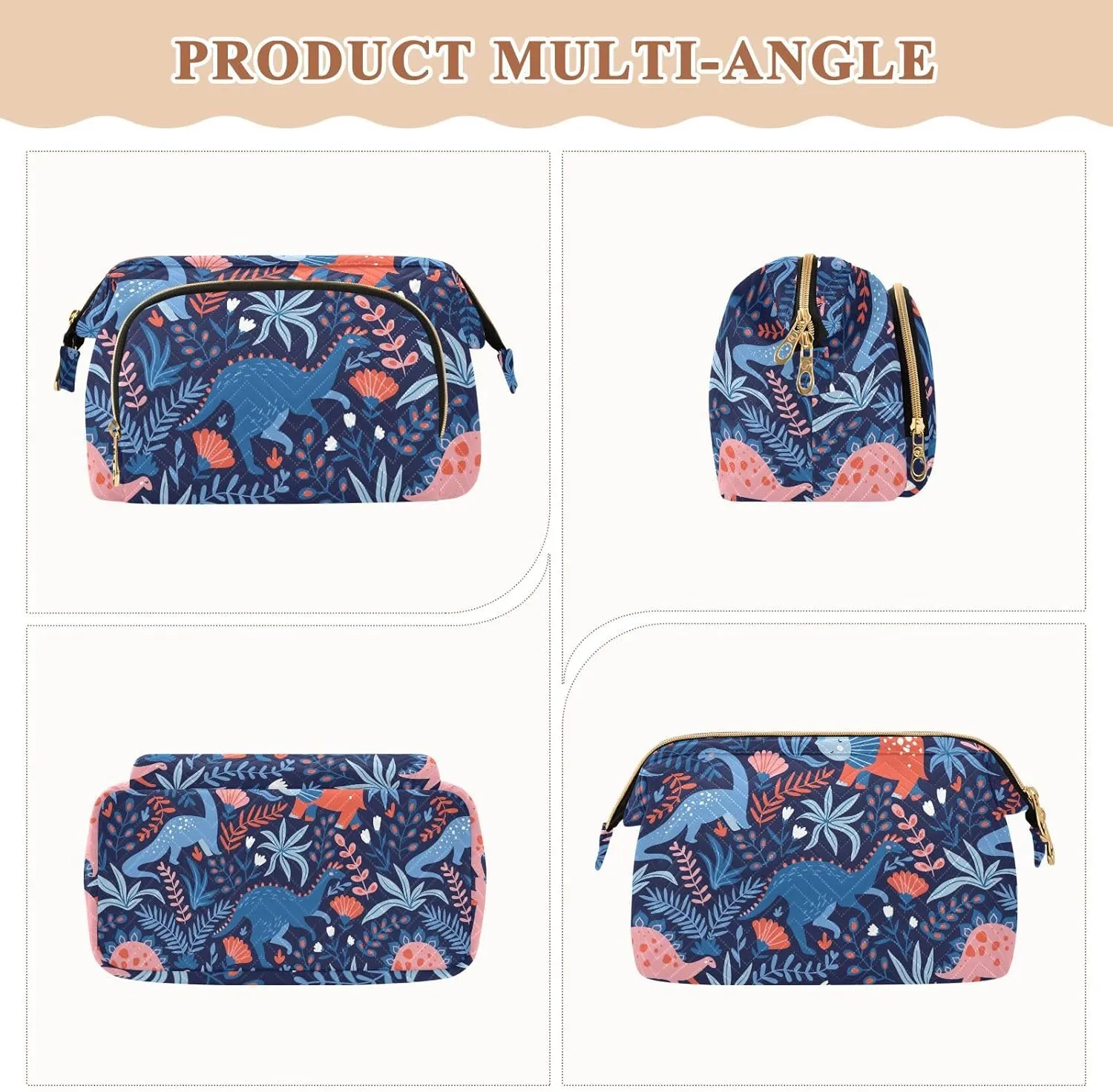 Seamless Dinosaurs and Tropical Leaves and Flowers Blue Pattern Women Cosmetic Bag Makeup Bag Stylish Trip Beauty Bag Travel Toiletry Bag with Bottle Organizer 10.2 x 5.9 x 6.7 inch