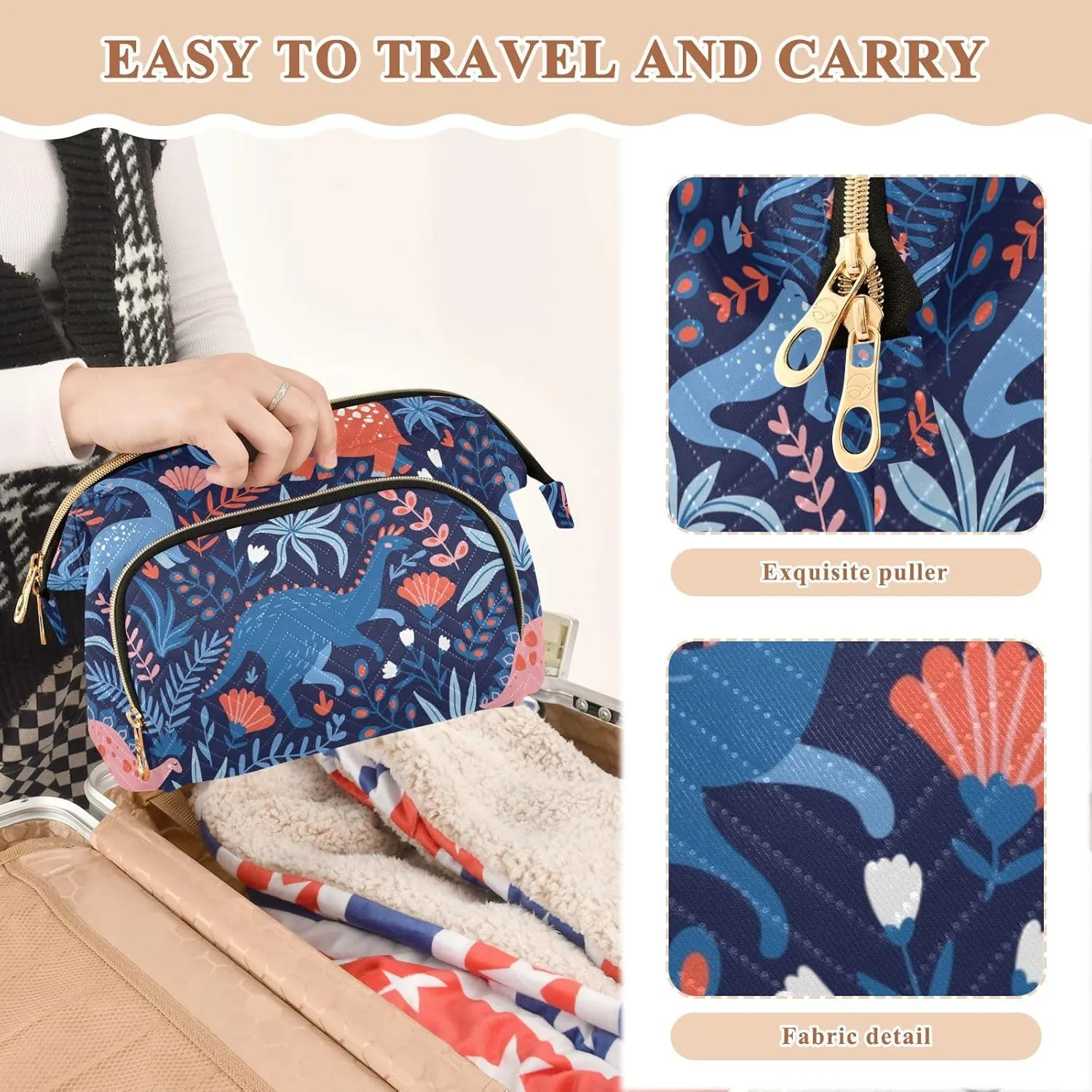 Seamless Dinosaurs and Tropical Leaves and Flowers Blue Pattern Women Cosmetic Bag Makeup Bag Stylish Trip Beauty Bag Travel Toiletry Bag with Bottle Organizer 10.2 x 5.9 x 6.7 inch