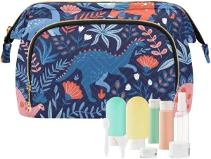 Seamless Dinosaurs and Tropical Leaves and Flowers Blue Pattern Women Cosmetic Bag Makeup Bag Stylish Trip Beauty Bag Travel Toiletry Bag with Bottle Organizer 10.2 x 5.9 x 6.7 inch