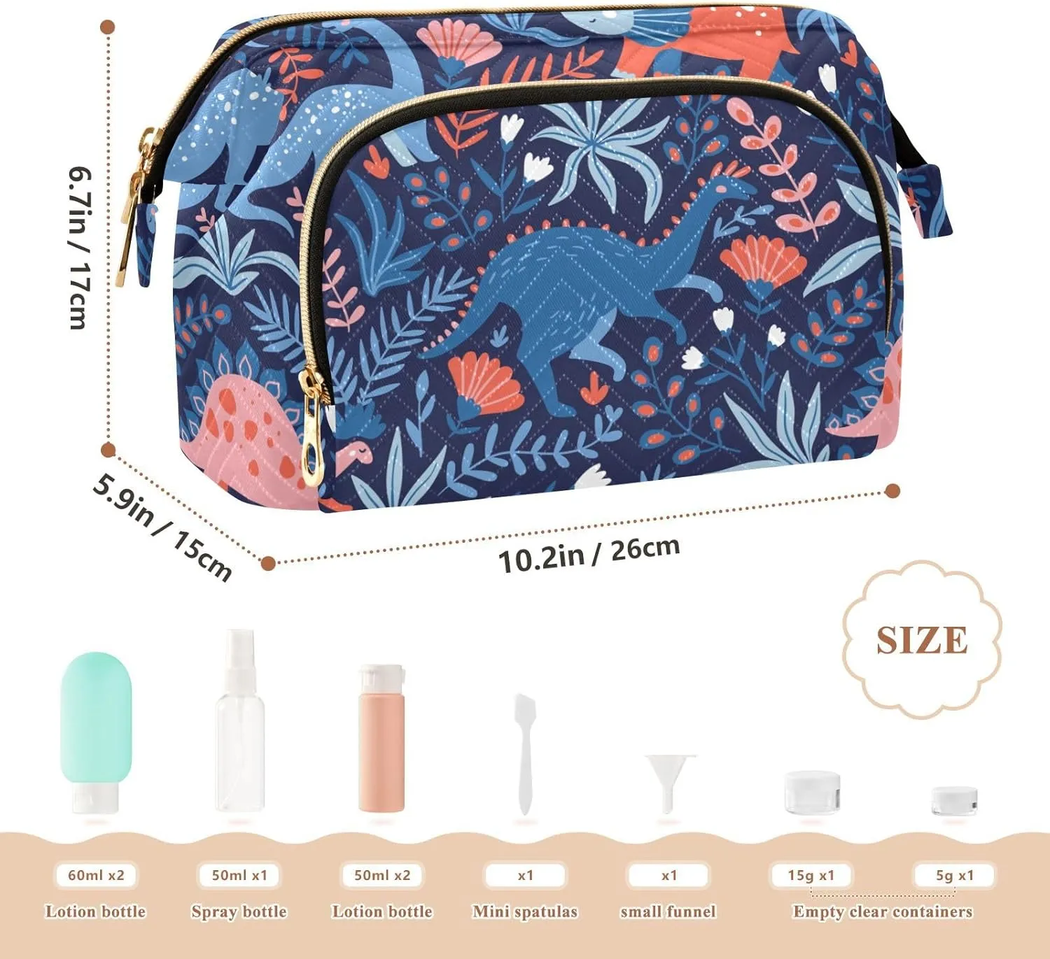 Seamless Dinosaurs and Tropical Leaves and Flowers Blue Pattern Women Cosmetic Bag Makeup Bag Stylish Trip Beauty Bag Travel Toiletry Bag with Bottle Organizer 10.2 x 5.9 x 6.7 inch