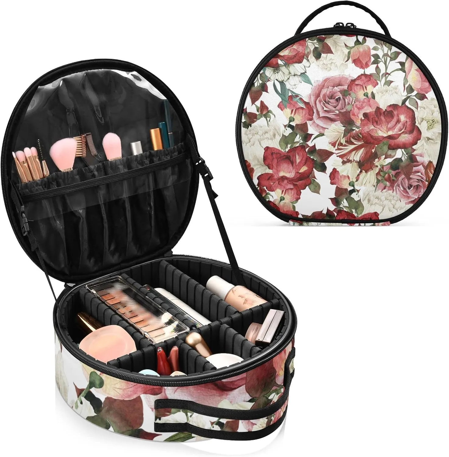 Seamless Floral Pattern with White Red Roses Watercolor Women's Portable Round Makeup Bag with Handle, Cosmetic Bag, Adjustable Dividers, Travel Cosmetic Storage 11 x 3.5 x 10 inch