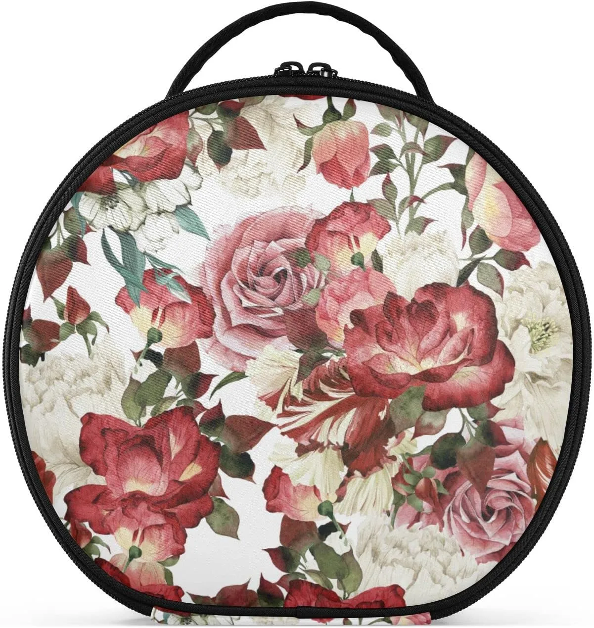Seamless Floral Pattern with White Red Roses Watercolor Women's Portable Round Makeup Bag with Handle, Cosmetic Bag, Adjustable Dividers, Travel Cosmetic Storage 11 x 3.5 x 10 inch