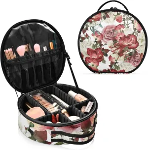 Seamless Floral Pattern with White Red Roses Watercolor Women's Portable Round Makeup Bag with Handle, Cosmetic Bag, Adjustable Dividers, Travel Cosmetic Storage 11 x 3.5 x 10 inch