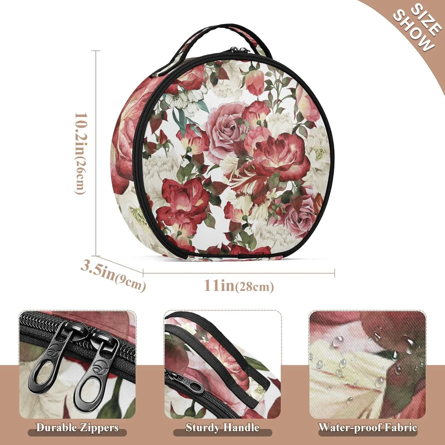 Seamless Floral Pattern with White Red Roses Watercolor Women's Portable Round Makeup Bag with Handle, Cosmetic Bag, Adjustable Dividers, Travel Cosmetic Storage 11 x 3.5 x 10 inch