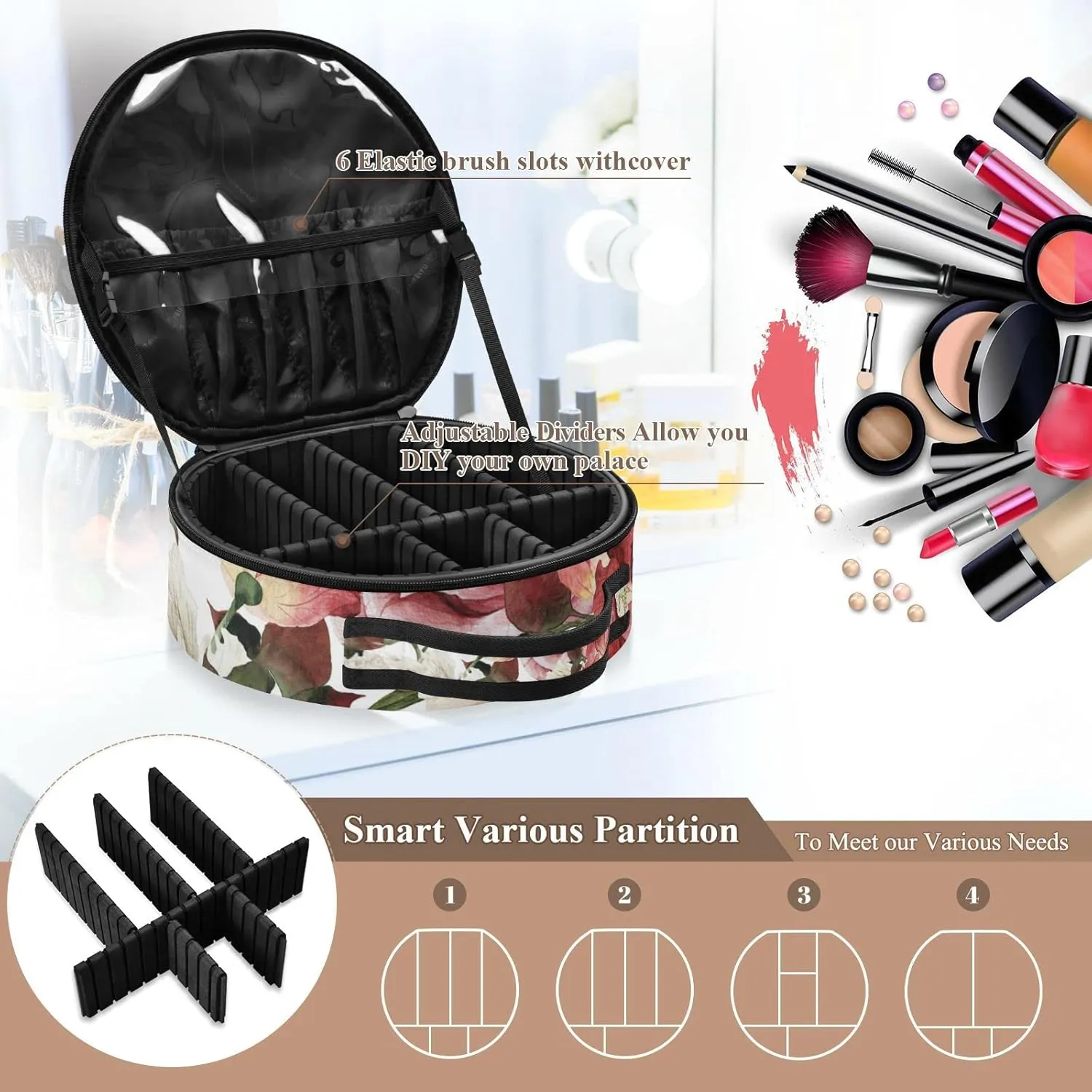 Seamless Floral Pattern with White Red Roses Watercolor Women's Portable Round Makeup Bag with Handle, Cosmetic Bag, Adjustable Dividers, Travel Cosmetic Storage 11 x 3.5 x 10 inch