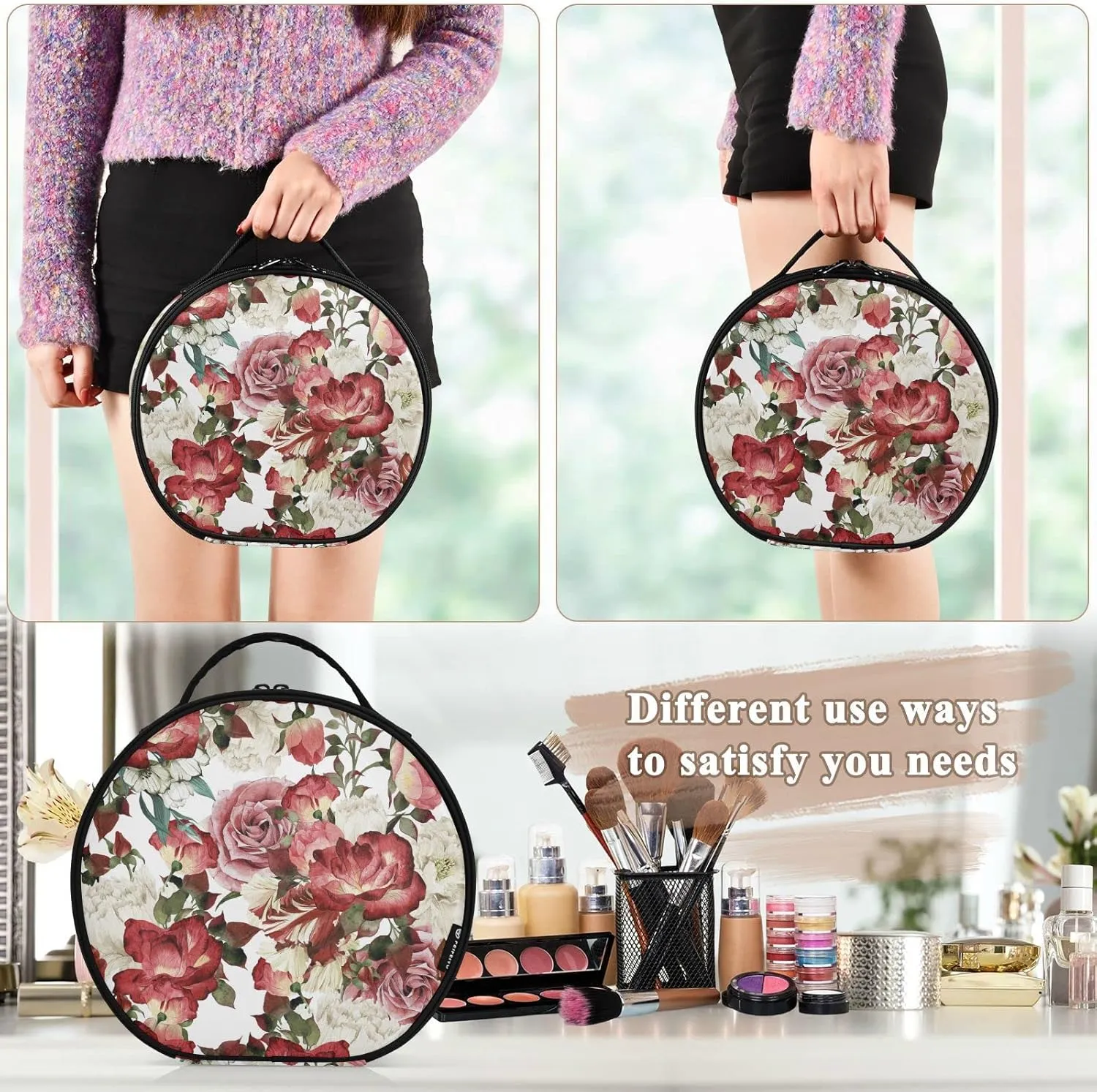 Seamless Floral Pattern with White Red Roses Watercolor Women's Portable Round Makeup Bag with Handle, Cosmetic Bag, Adjustable Dividers, Travel Cosmetic Storage 11 x 3.5 x 10 inch