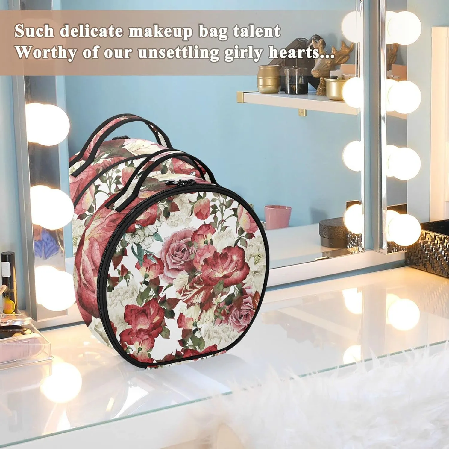 Seamless Floral Pattern with White Red Roses Watercolor Women's Portable Round Makeup Bag with Handle, Cosmetic Bag, Adjustable Dividers, Travel Cosmetic Storage 11 x 3.5 x 10 inch