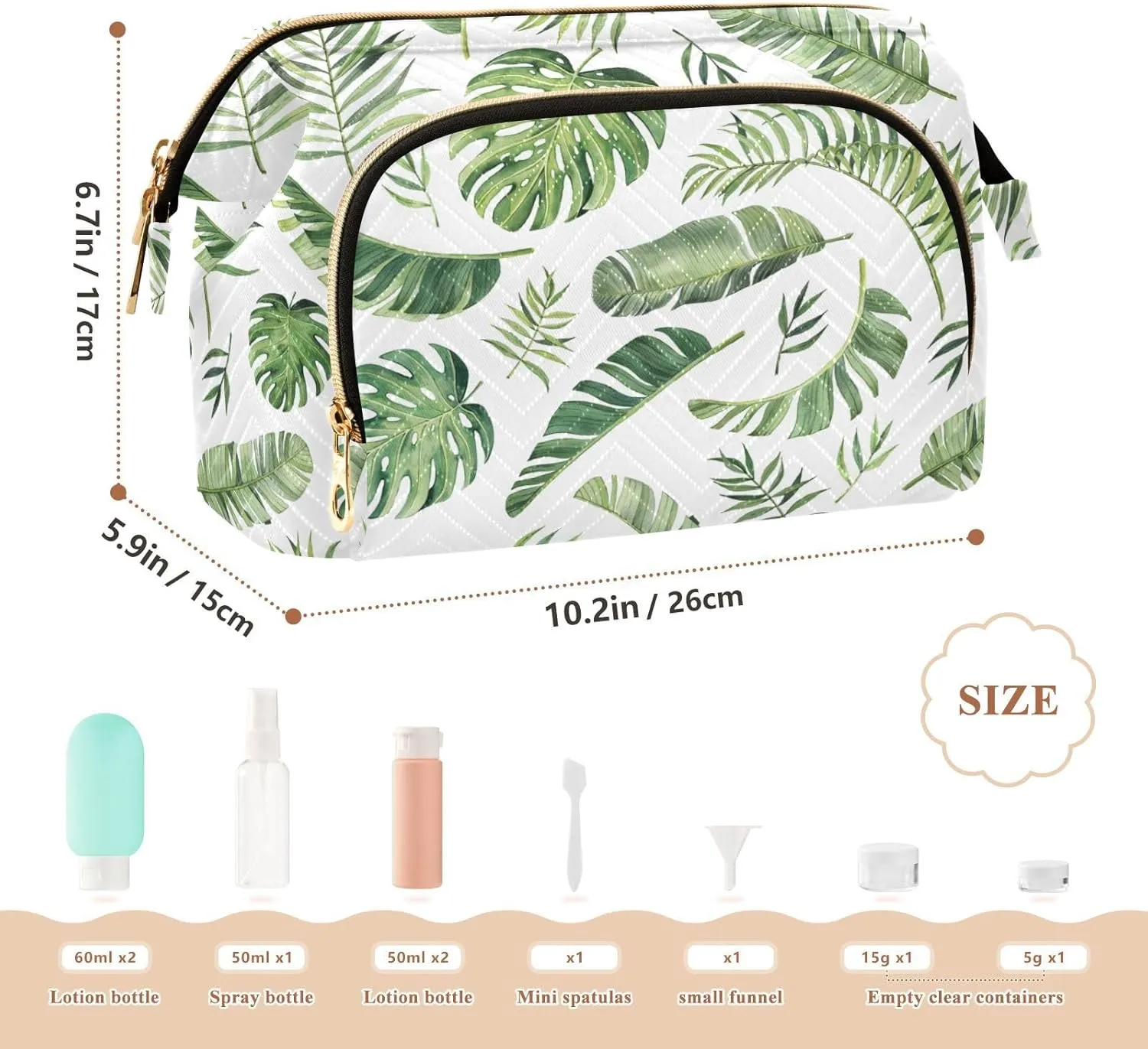 Seamless Green Watercolor Tropical Leaves on White Background Women Cosmetic Bag Makeup Bag Stylish Trip Beauty Bag Travel Toiletry Bag with Bottle Organizer 10.2 x 5.9 x 6.7 inch