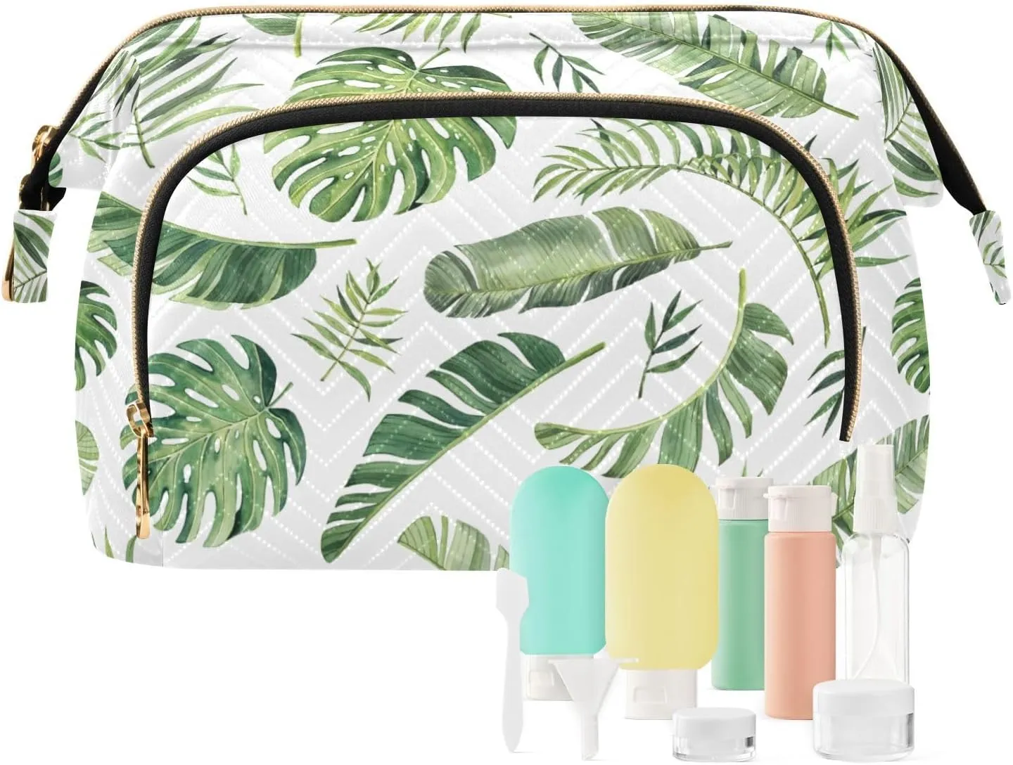 Seamless Green Watercolor Tropical Leaves on White Background Women Cosmetic Bag Makeup Bag Stylish Trip Beauty Bag Travel Toiletry Bag with Bottle Organizer 10.2 x 5.9 x 6.7 inch