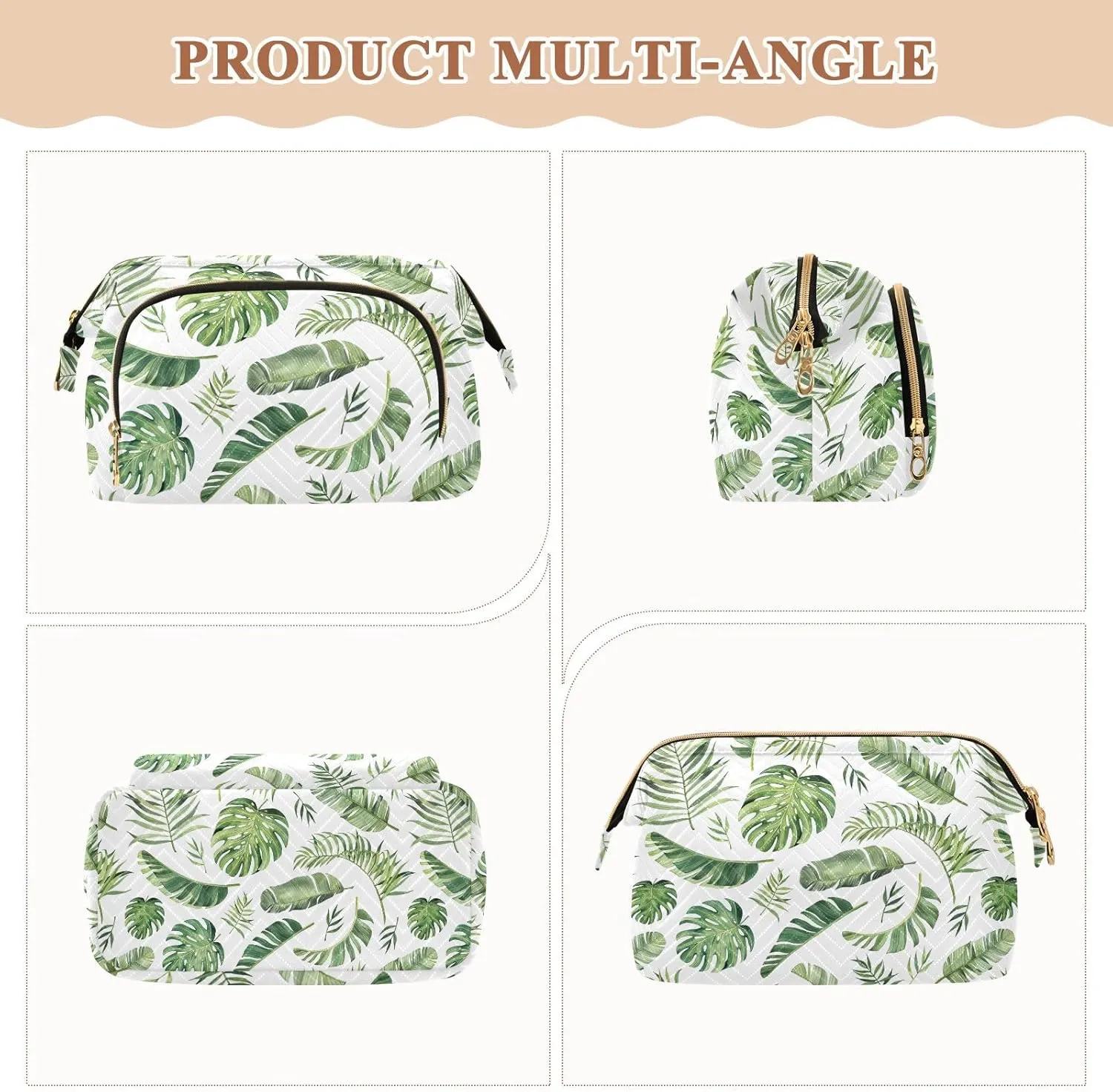 Seamless Green Watercolor Tropical Leaves on White Background Women Cosmetic Bag Makeup Bag Stylish Trip Beauty Bag Travel Toiletry Bag with Bottle Organizer 10.2 x 5.9 x 6.7 inch