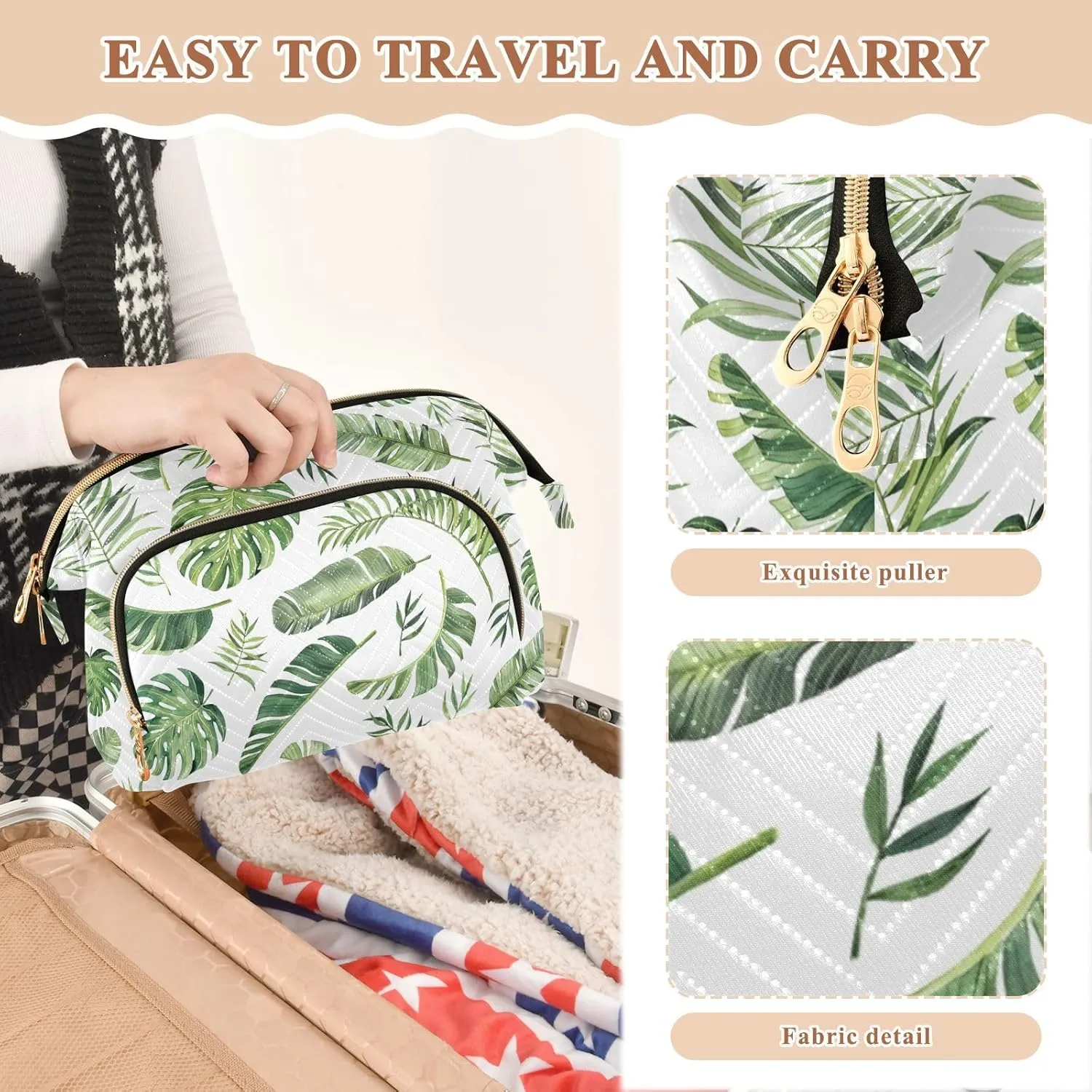 Seamless Green Watercolor Tropical Leaves on White Background Women Cosmetic Bag Makeup Bag Stylish Trip Beauty Bag Travel Toiletry Bag with Bottle Organizer 10.2 x 5.9 x 6.7 inch