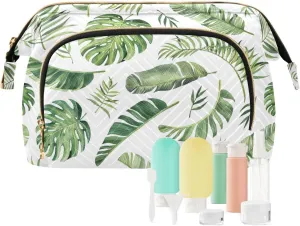 Seamless Green Watercolor Tropical Leaves on White Background Women Cosmetic Bag Makeup Bag Stylish Trip Beauty Bag Travel Toiletry Bag with Bottle Organizer 10.2 x 5.9 x 6.7 inch