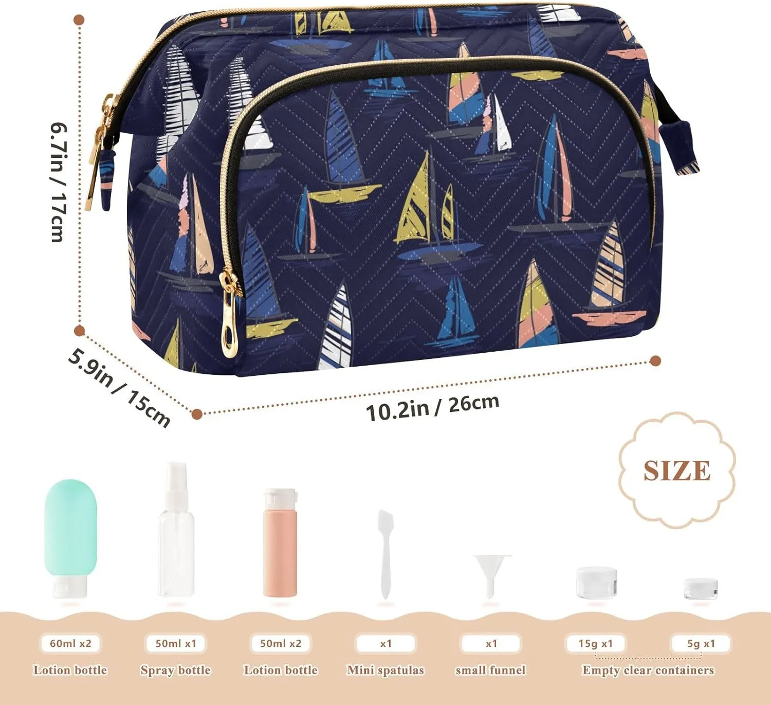 Seamless Summer Beach Surfing Boats Blue Pattern Women Cosmetic Bag Makeup Bag Stylish Trip Beauty Bag Travel Toiletry Bag with Bottle Organizer 10.2 x 5.9 x 6.7 inch