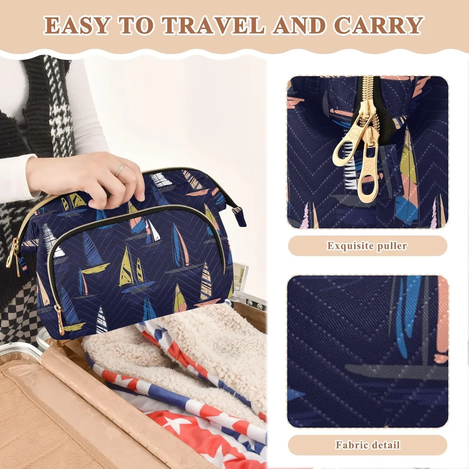 Seamless Summer Beach Surfing Boats Blue Pattern Women Cosmetic Bag Makeup Bag Stylish Trip Beauty Bag Travel Toiletry Bag with Bottle Organizer 10.2 x 5.9 x 6.7 inch