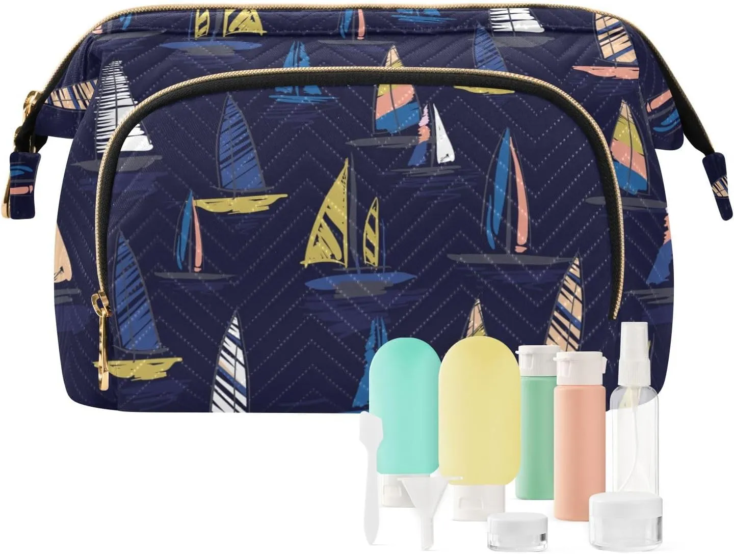Seamless Summer Beach Surfing Boats Blue Pattern Women Cosmetic Bag Makeup Bag Stylish Trip Beauty Bag Travel Toiletry Bag with Bottle Organizer 10.2 x 5.9 x 6.7 inch