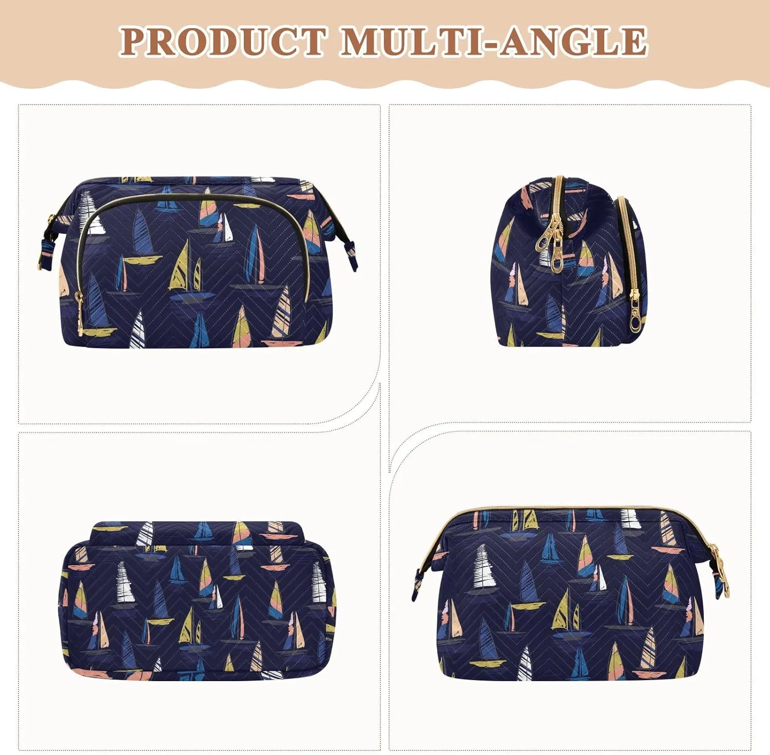 Seamless Summer Beach Surfing Boats Blue Pattern Women Cosmetic Bag Makeup Bag Stylish Trip Beauty Bag Travel Toiletry Bag with Bottle Organizer 10.2 x 5.9 x 6.7 inch
