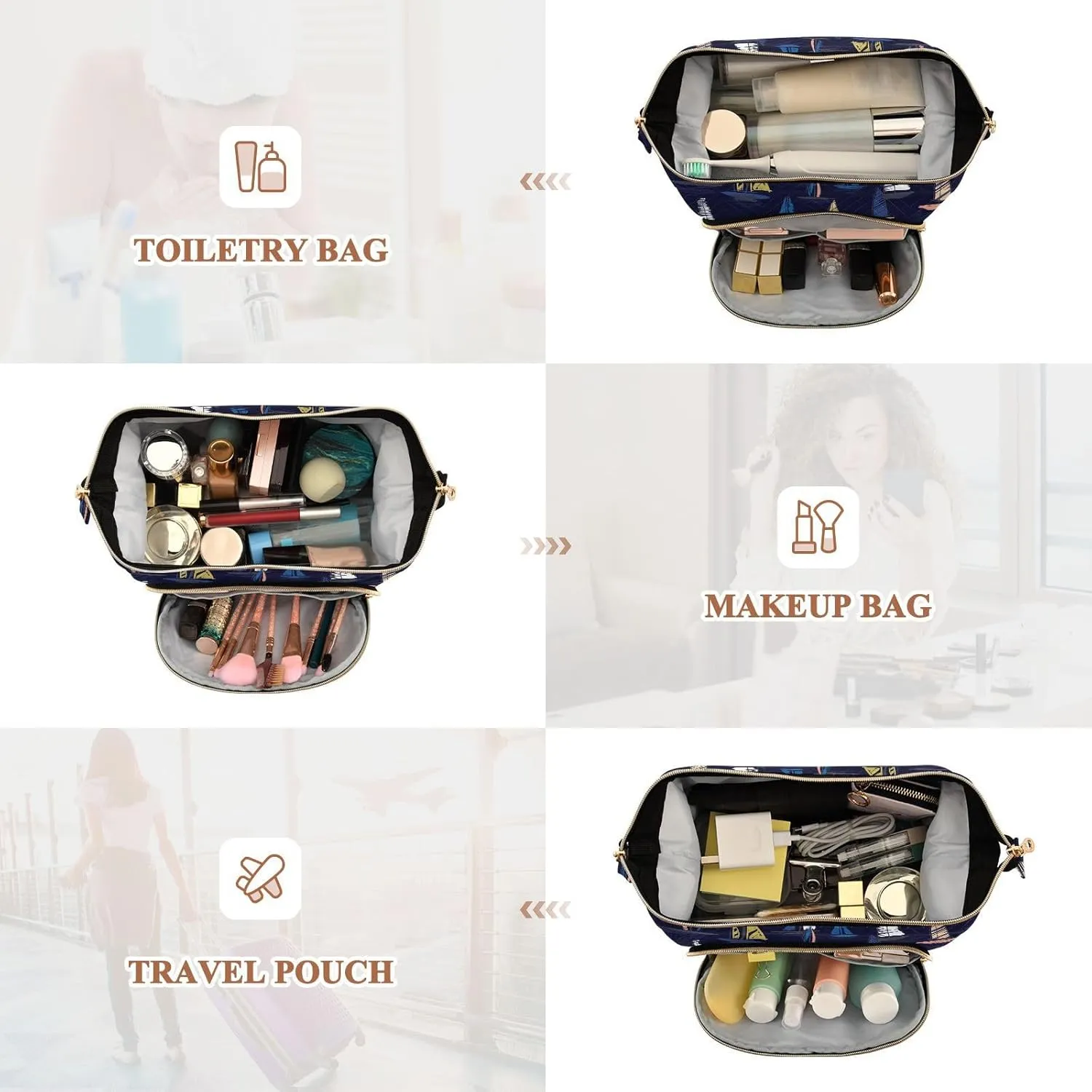 Seamless Summer Beach Surfing Boats Blue Pattern Women Cosmetic Bag Makeup Bag Stylish Trip Beauty Bag Travel Toiletry Bag with Bottle Organizer 10.2 x 5.9 x 6.7 inch