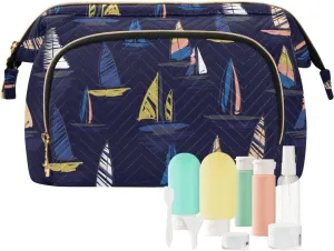 Seamless Summer Beach Surfing Boats Blue Pattern Women Cosmetic Bag Makeup Bag Stylish Trip Beauty Bag Travel Toiletry Bag with Bottle Organizer 10.2 x 5.9 x 6.7 inch