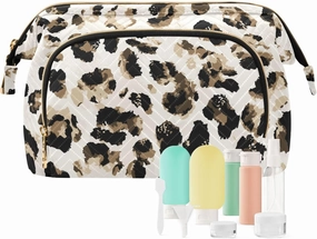Seamless Abstract Watercolor Leopard Cheetah Skin Tie Dye Gradient Women Cosmetic Bag Makeup Bag Stylish Trip Beauty Bag Travel Toiletry Bag with Bottle Organizer 10.2 x 5.9 x 6.7 inch