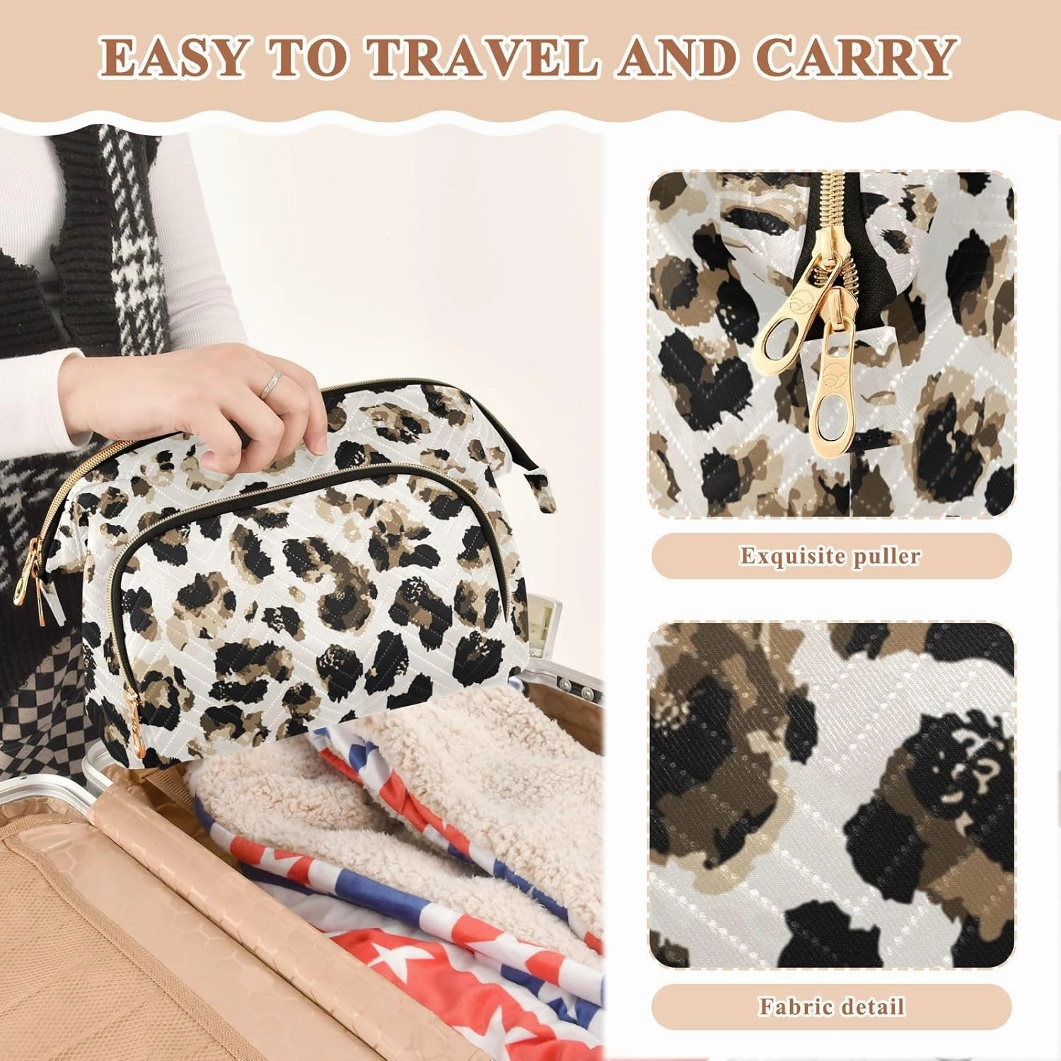 Seamless Abstract Watercolor Leopard Cheetah Skin Tie Dye Gradient Women Cosmetic Bag Makeup Bag Stylish Trip Beauty Bag Travel Toiletry Bag with Bottle Organizer 10.2 x 5.9 x 6.7 inch
