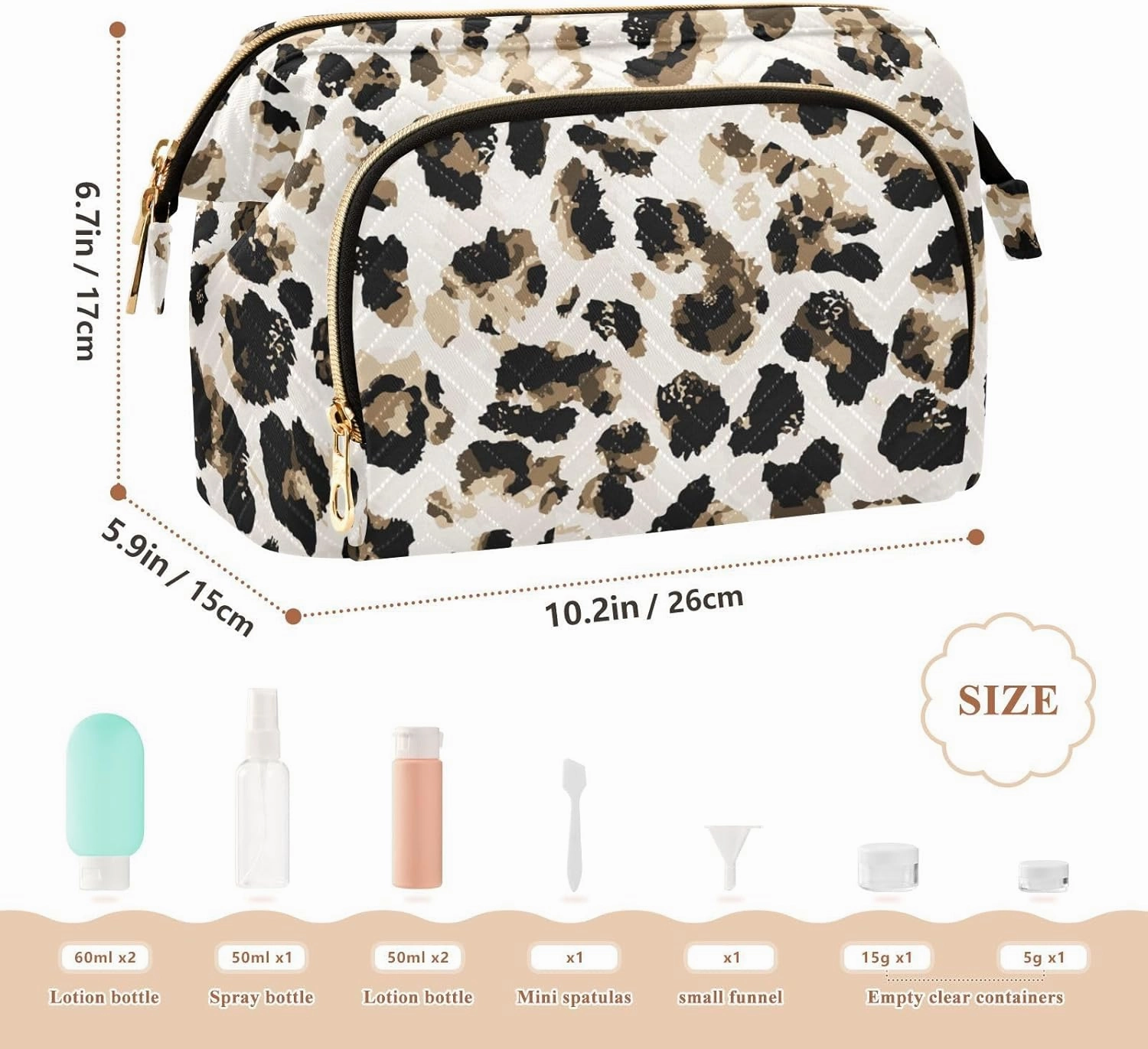 Seamless Abstract Watercolor Leopard Cheetah Skin Tie Dye Gradient Women Cosmetic Bag Makeup Bag Stylish Trip Beauty Bag Travel Toiletry Bag with Bottle Organizer 10.2 x 5.9 x 6.7 inch