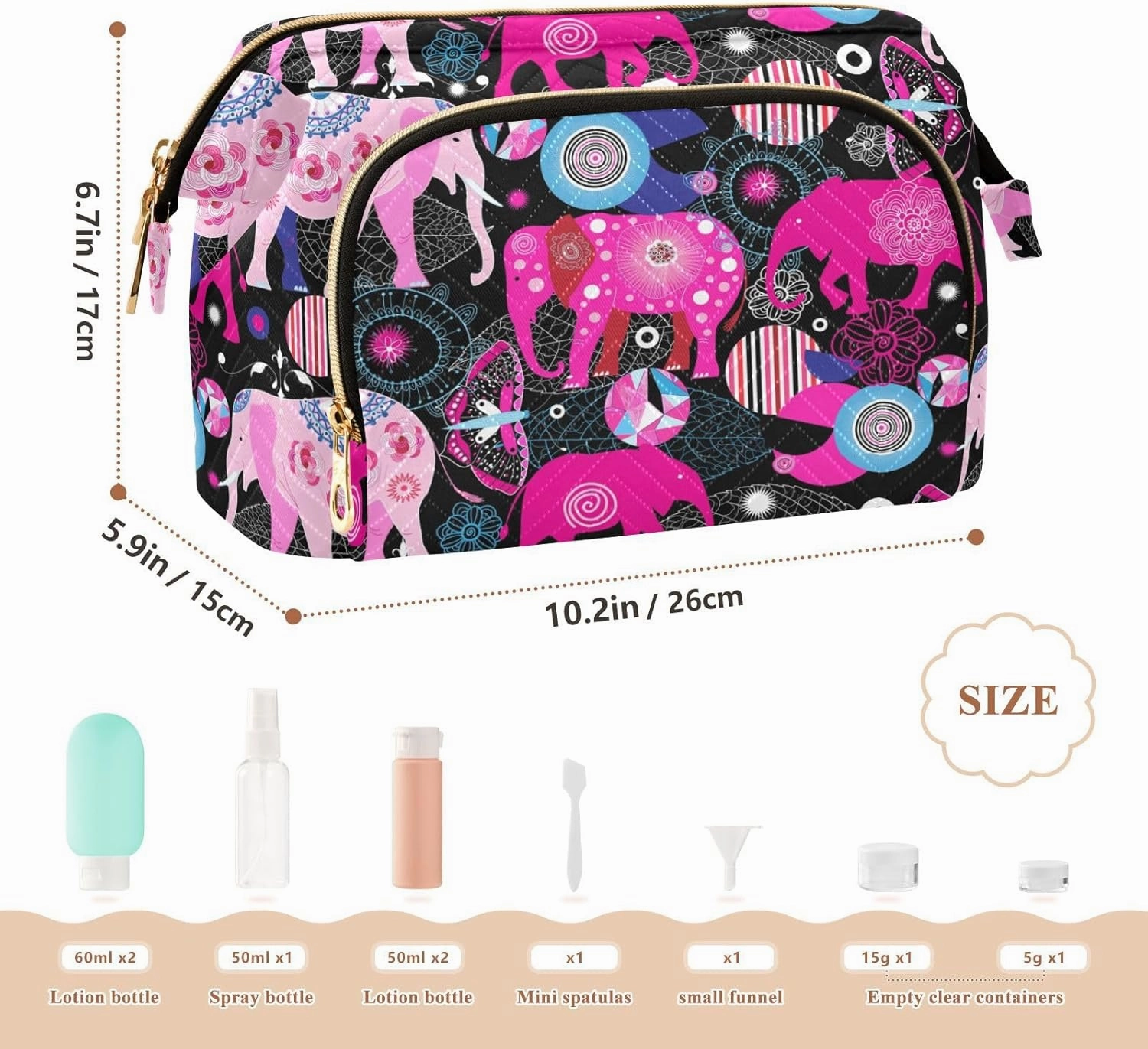 Seamless Bright Colorful Pink Elephants Leaves Flowers on Dark Women Cosmetic Bag Makeup Bag Stylish Trip Beauty Bag Travel Toiletry Bag with Bottle Organizer 10.2 x 5.9 x 6.7 inch