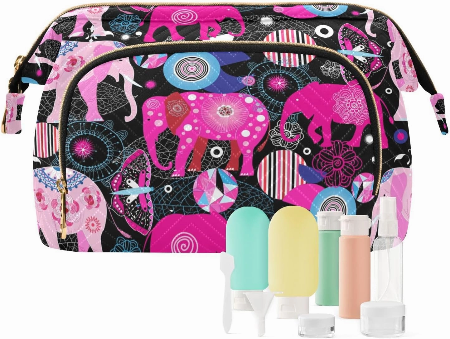 Seamless Bright Colorful Pink Elephants Leaves Flowers on Dark Women Cosmetic Bag Makeup Bag Stylish Trip Beauty Bag Travel Toiletry Bag with Bottle Organizer 10.2 x 5.9 x 6.7 inch