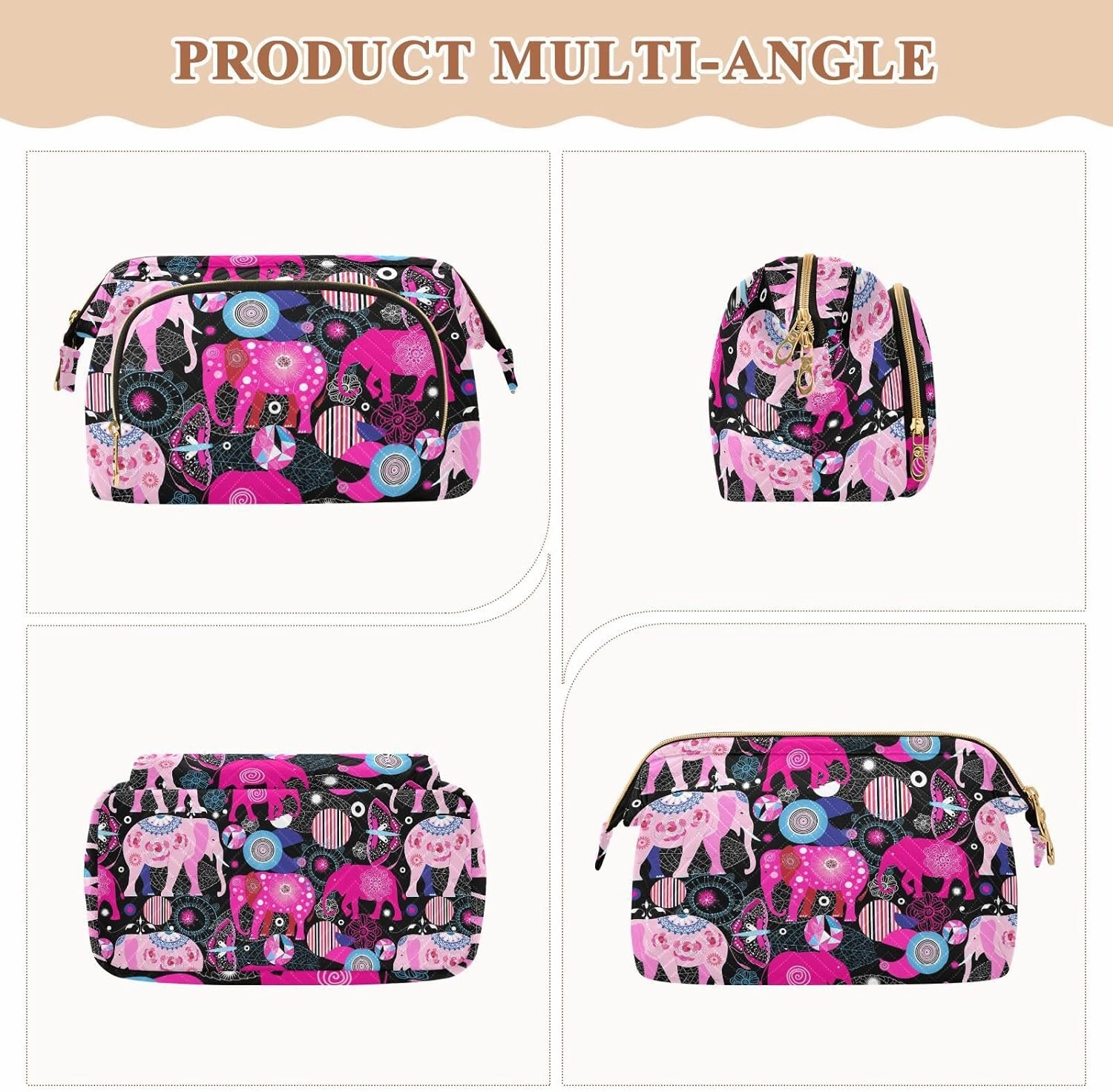Seamless Bright Colorful Pink Elephants Leaves Flowers on Dark Women Cosmetic Bag Makeup Bag Stylish Trip Beauty Bag Travel Toiletry Bag with Bottle Organizer 10.2 x 5.9 x 6.7 inch