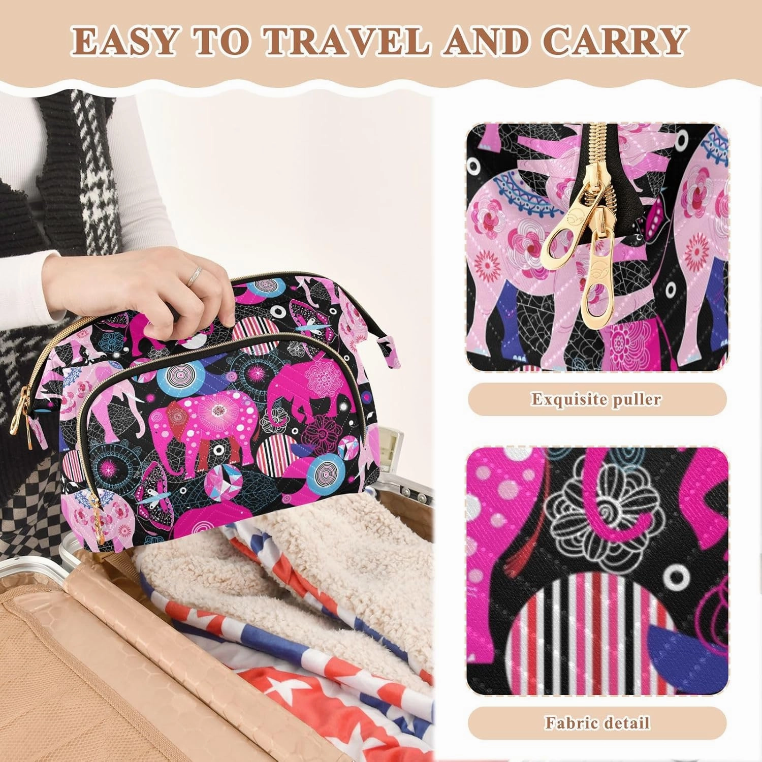 Seamless Bright Colorful Pink Elephants Leaves Flowers on Dark Women Cosmetic Bag Makeup Bag Stylish Trip Beauty Bag Travel Toiletry Bag with Bottle Organizer 10.2 x 5.9 x 6.7 inch
