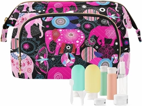 Seamless Bright Colorful Pink Elephants Leaves Flowers on Dark Women Cosmetic Bag Makeup Bag Stylish Trip Beauty Bag Travel Toiletry Bag with Bottle Organizer 10.2 x 5.9 x 6.7 inch