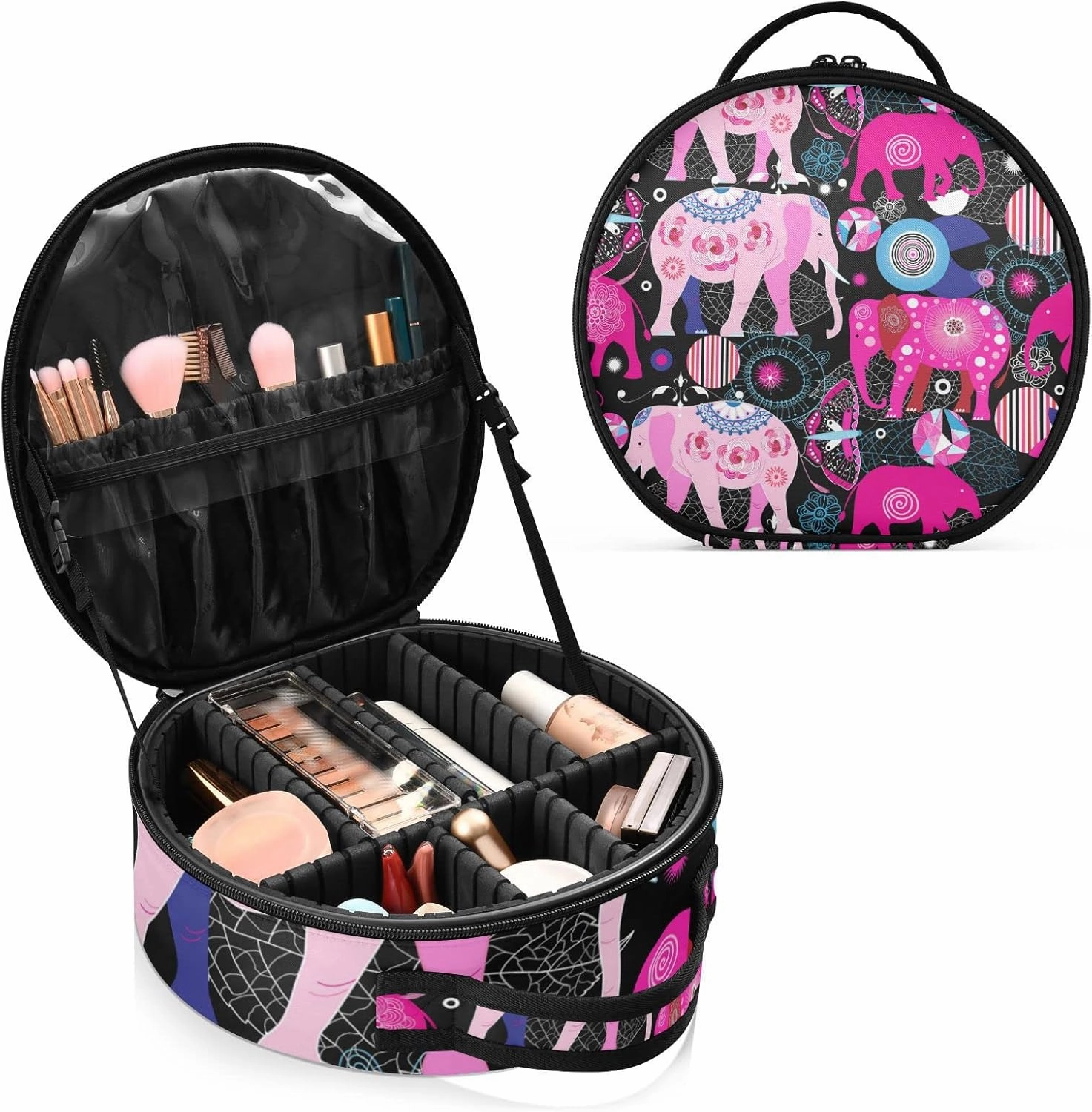 Seamless Bright Colorful Pink Elephants Leaves Flowers on Dark Women's Portable Round Makeup Bag with Handle, Cosmetic Bag, Adjustable Dividers, Travel Cosmetic Storage 11 x 3.5 x 10 inch