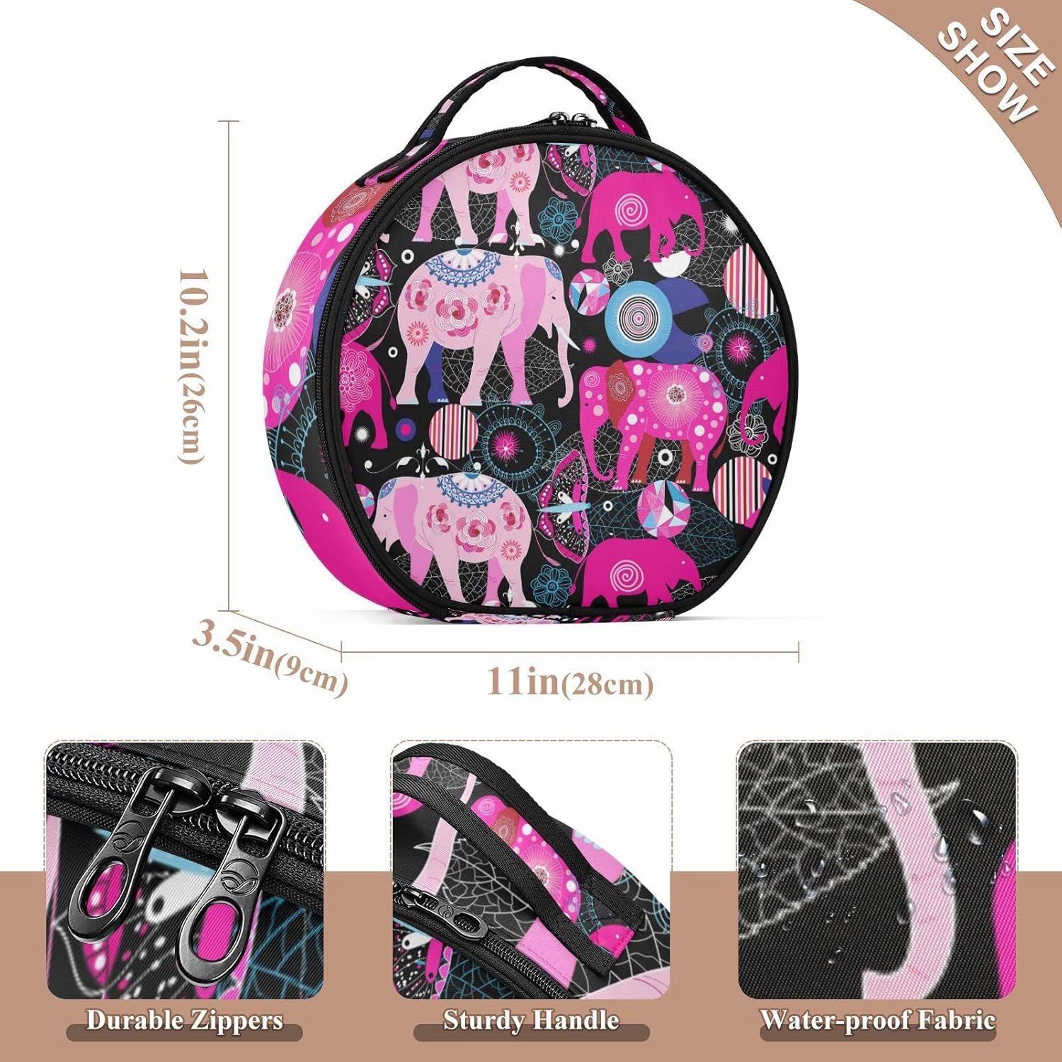 Seamless Bright Colorful Pink Elephants Leaves Flowers on Dark Women's Portable Round Makeup Bag with Handle, Cosmetic Bag, Adjustable Dividers, Travel Cosmetic Storage 11 x 3.5 x 10 inch