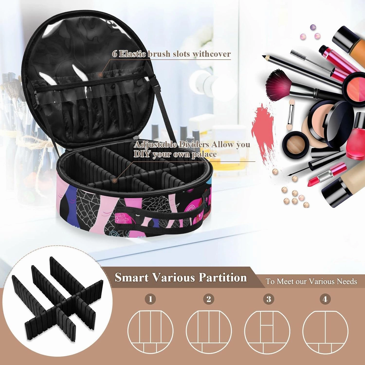 Seamless Bright Colorful Pink Elephants Leaves Flowers on Dark Women's Portable Round Makeup Bag with Handle, Cosmetic Bag, Adjustable Dividers, Travel Cosmetic Storage 11 x 3.5 x 10 inch