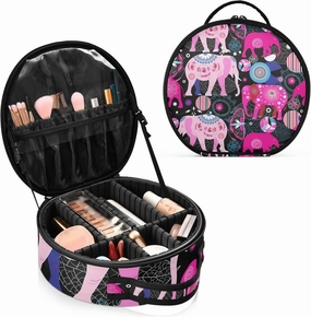 Seamless Bright Colorful Pink Elephants Leaves Flowers on Dark Women's Portable Round Makeup Bag with Handle, Cosmetic Bag, Adjustable Dividers, Travel Cosmetic Storage 11 x 3.5 x 10 inch