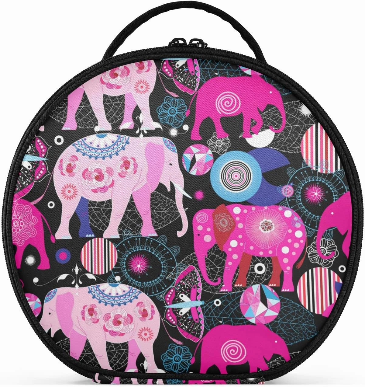 Seamless Bright Colorful Pink Elephants Leaves Flowers on Dark Women's Portable Round Makeup Bag with Handle, Cosmetic Bag, Adjustable Dividers, Travel Cosmetic Storage 11 x 3.5 x 10 inch