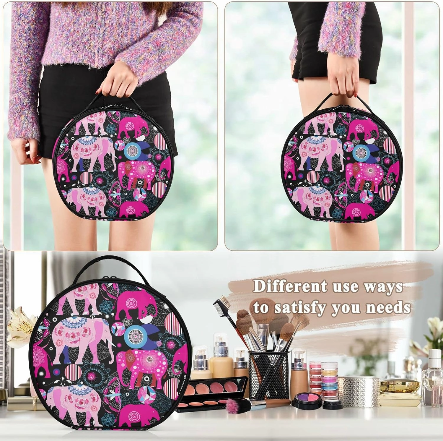 Seamless Bright Colorful Pink Elephants Leaves Flowers on Dark Women's Portable Round Makeup Bag with Handle, Cosmetic Bag, Adjustable Dividers, Travel Cosmetic Storage 11 x 3.5 x 10 inch
