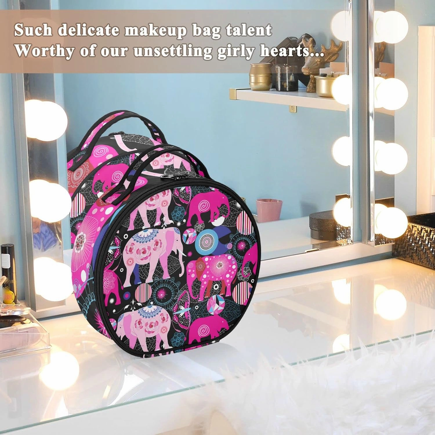 Seamless Bright Colorful Pink Elephants Leaves Flowers on Dark Women's Portable Round Makeup Bag with Handle, Cosmetic Bag, Adjustable Dividers, Travel Cosmetic Storage 11 x 3.5 x 10 inch