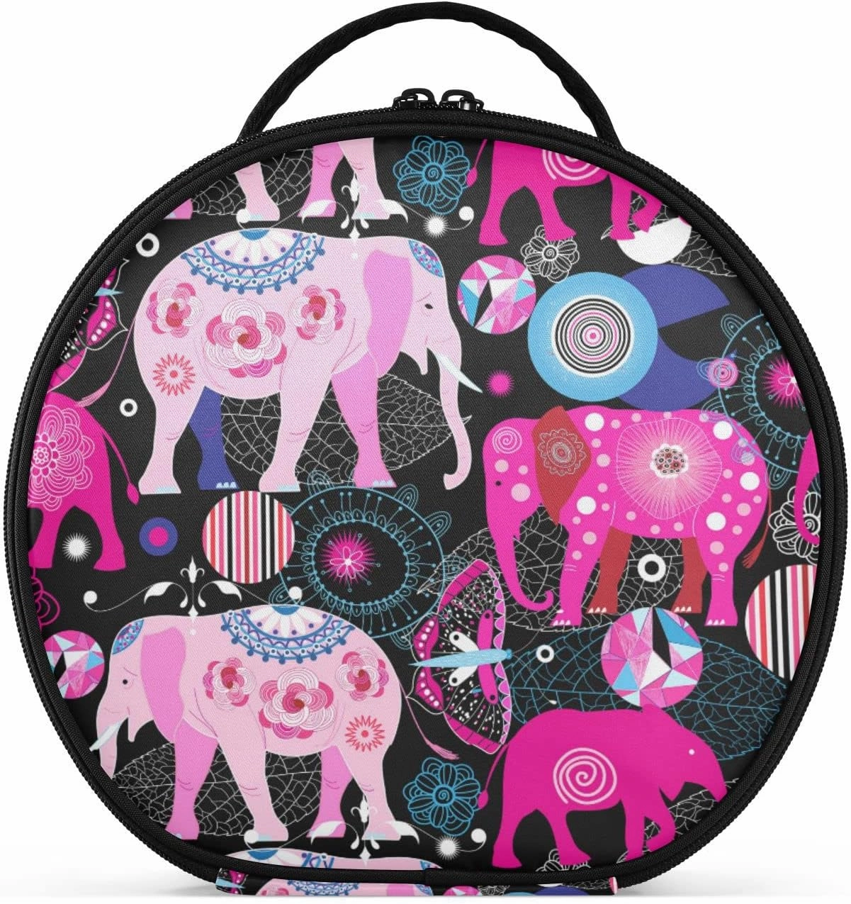 Seamless Bright Pink Elephants Tribal Ethnic Theme on Black Women's Portable Round Makeup Bag with Handle, Cosmetic Bag, Adjustable Dividers, Travel Cosmetic Storage 11 x 3.5 x 10 inch
