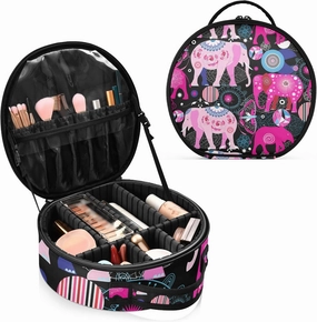 Seamless Bright Pink Elephants Tribal Ethnic Theme on Black Women's Portable Round Makeup Bag with Handle, Cosmetic Bag, Adjustable Dividers, Travel Cosmetic Storage 11 x 3.5 x 10 inch