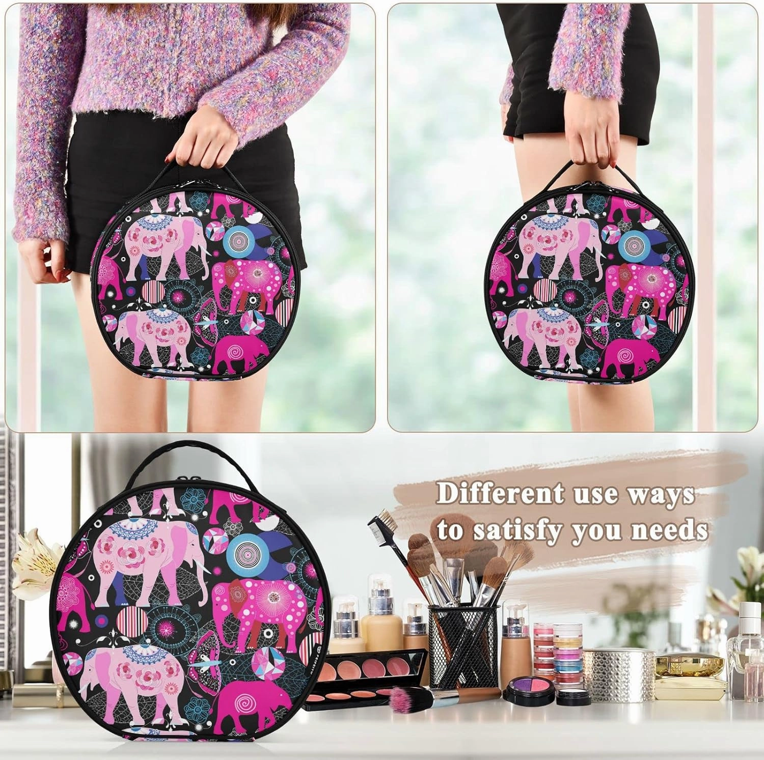 Seamless Bright Pink Elephants Tribal Ethnic Theme on Black Women's Portable Round Makeup Bag with Handle, Cosmetic Bag, Adjustable Dividers, Travel Cosmetic Storage 11 x 3.5 x 10 inch