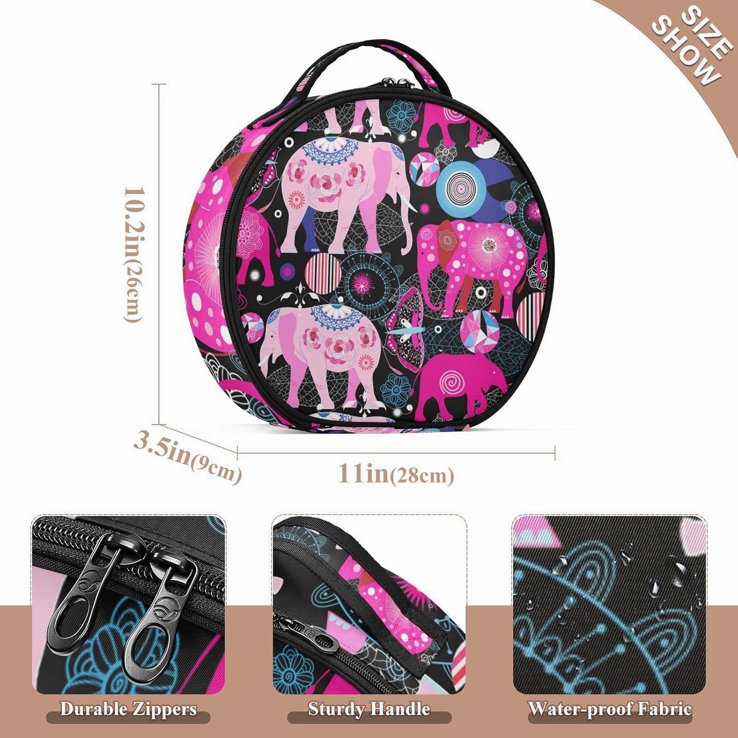 Seamless Bright Pink Elephants Tribal Ethnic Theme on Black Women's Portable Round Makeup Bag with Handle, Cosmetic Bag, Adjustable Dividers, Travel Cosmetic Storage 11 x 3.5 x 10 inch