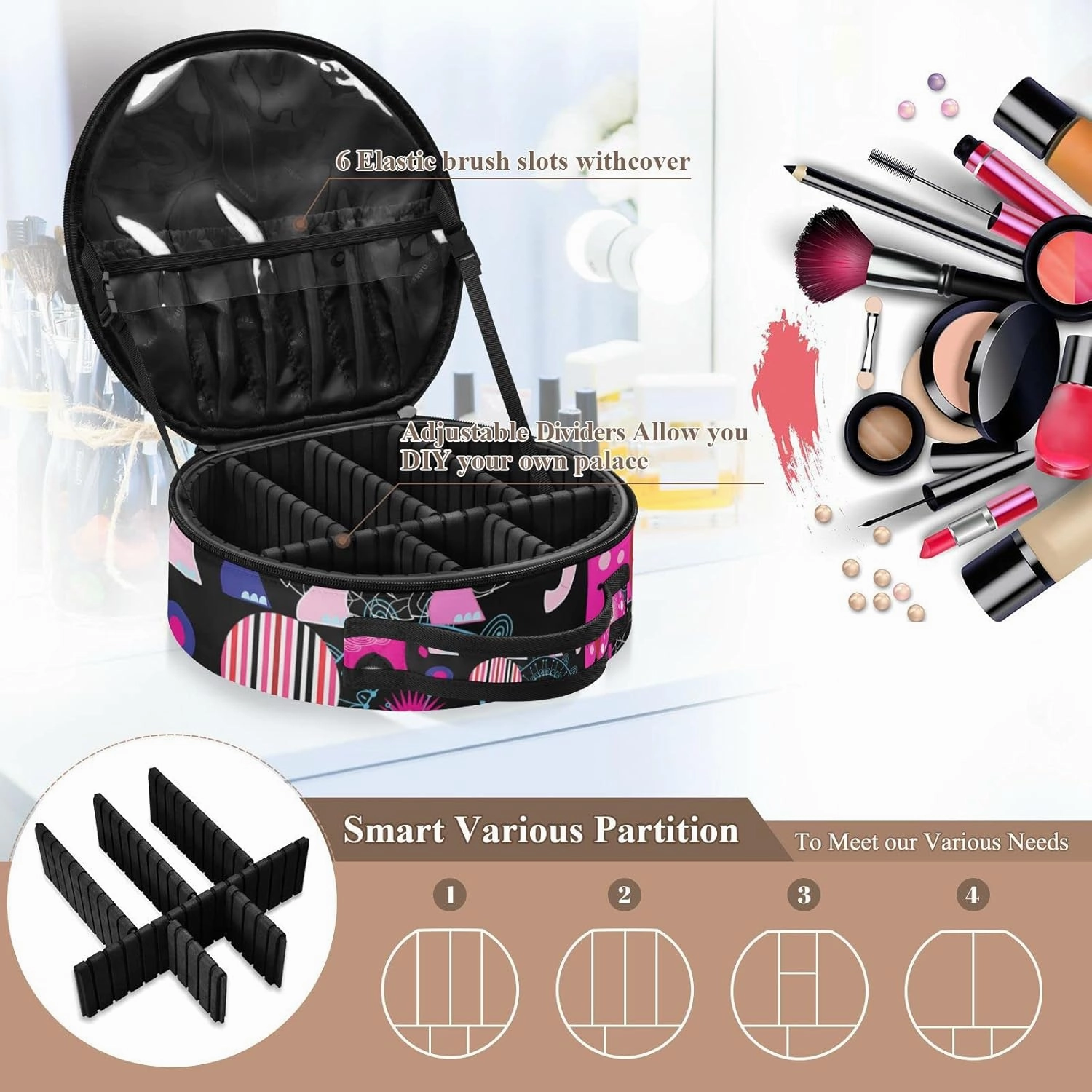 Seamless Bright Pink Elephants Tribal Ethnic Theme on Black Women's Portable Round Makeup Bag with Handle, Cosmetic Bag, Adjustable Dividers, Travel Cosmetic Storage 11 x 3.5 x 10 inch