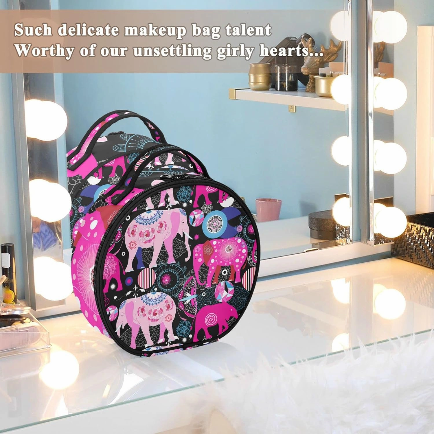 Seamless Bright Pink Elephants Tribal Ethnic Theme on Black Women's Portable Round Makeup Bag with Handle, Cosmetic Bag, Adjustable Dividers, Travel Cosmetic Storage 11 x 3.5 x 10 inch