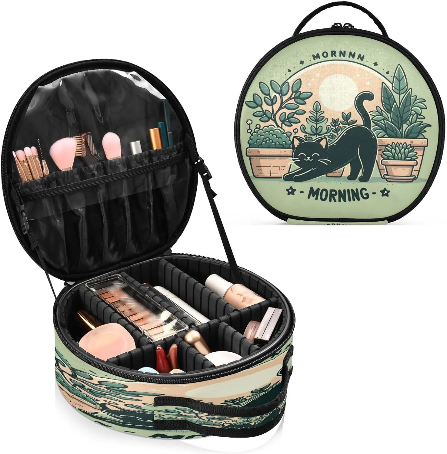 senya Round Cosmetic Pouch Travel Makeup Train Case Cat Green Makeup Organizer Bag with Adjustable Dividers Portable for Cosmetics Makeup Brushes Toiletry Jewelry Accessories