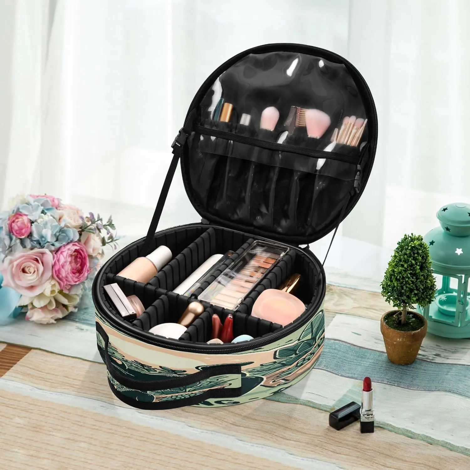 senya Round Cosmetic Pouch Travel Makeup Train Case Cat Green Makeup Organizer Bag with Adjustable Dividers Portable for Cosmetics Makeup Brushes Toiletry Jewelry Accessories