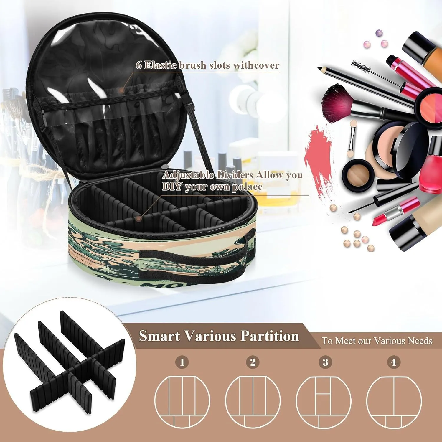 senya Round Cosmetic Pouch Travel Makeup Train Case Cat Green Makeup Organizer Bag with Adjustable Dividers Portable for Cosmetics Makeup Brushes Toiletry Jewelry Accessories