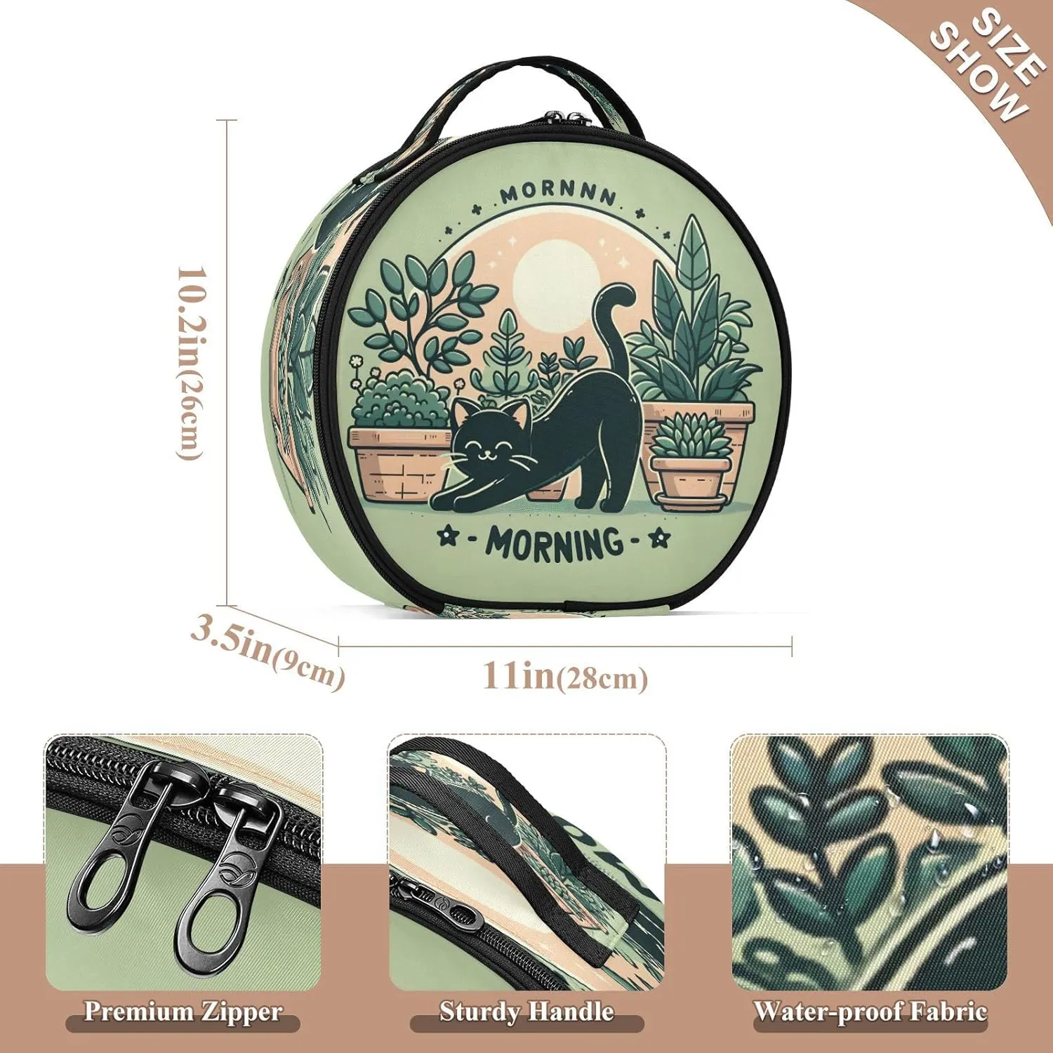 senya Round Cosmetic Pouch Travel Makeup Train Case Cat Green Makeup Organizer Bag with Adjustable Dividers Portable for Cosmetics Makeup Brushes Toiletry Jewelry Accessories